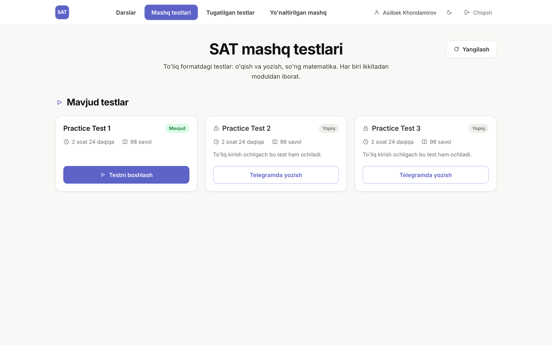 Mashq testlari ekrani